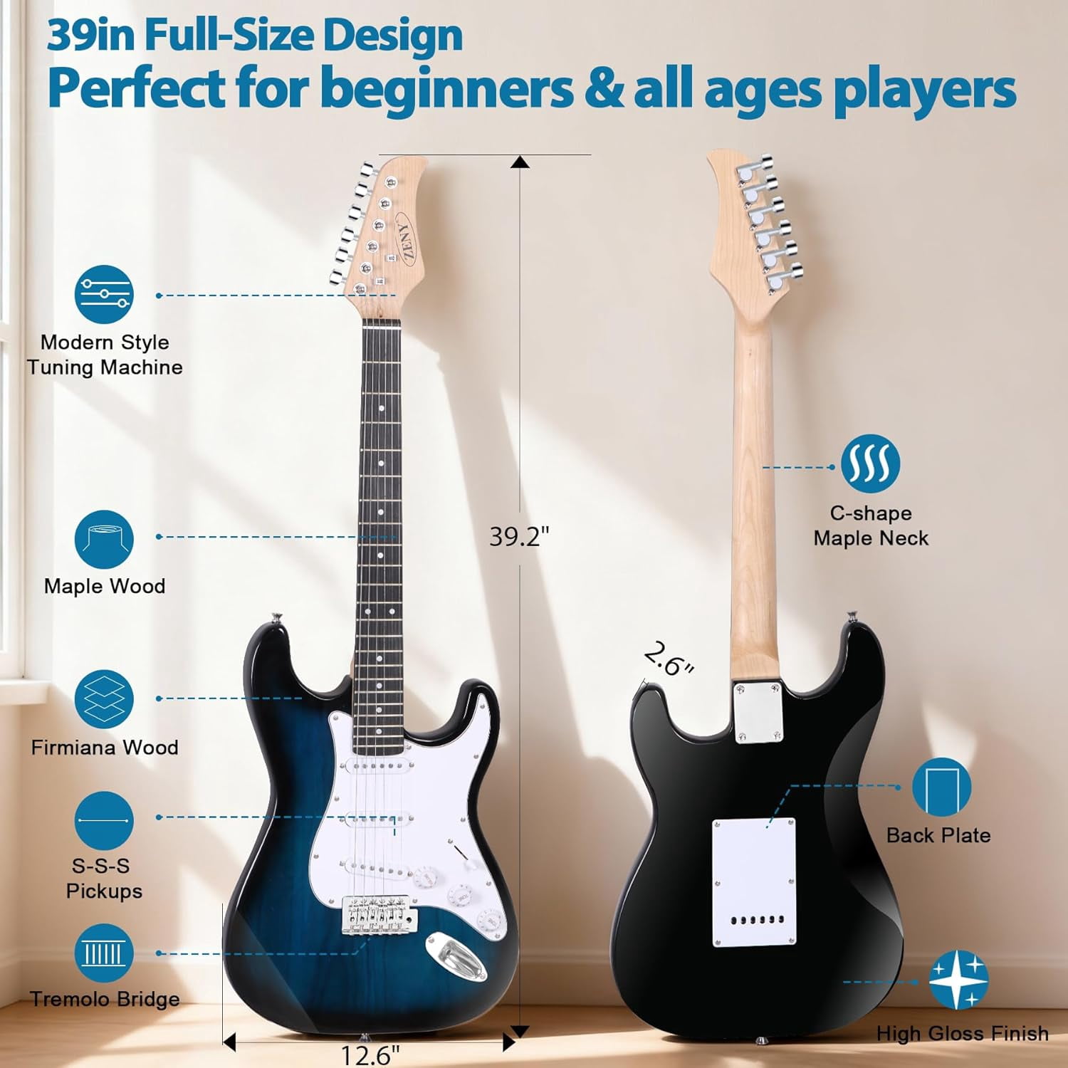 39" Electric Guitar Beginner Kit Full Size Blue Guitar with 10W Amp, Case and Accessories Pack for Starter (Blue)