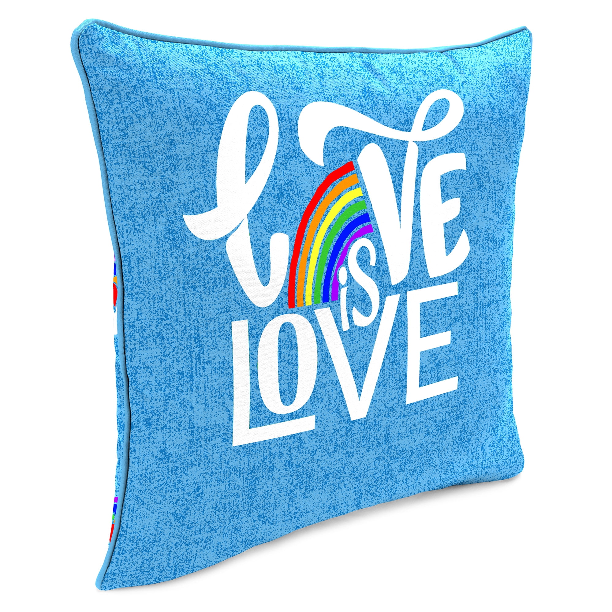 Jordan Manufacturing 16" x 16" Love is Love and Rainbows Light Blue Novelty Reversible Square Outdoor Throw Pillow with Welt