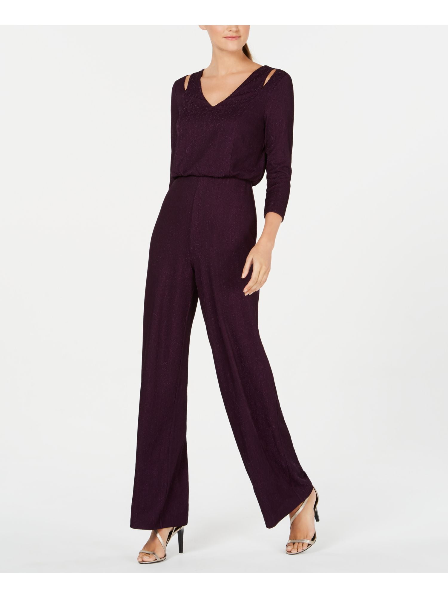 CALVIN KLEIN Womens Purple 3/4 Sleeve V Neck Wide Leg Evening Jumpsuit  Size: 8 