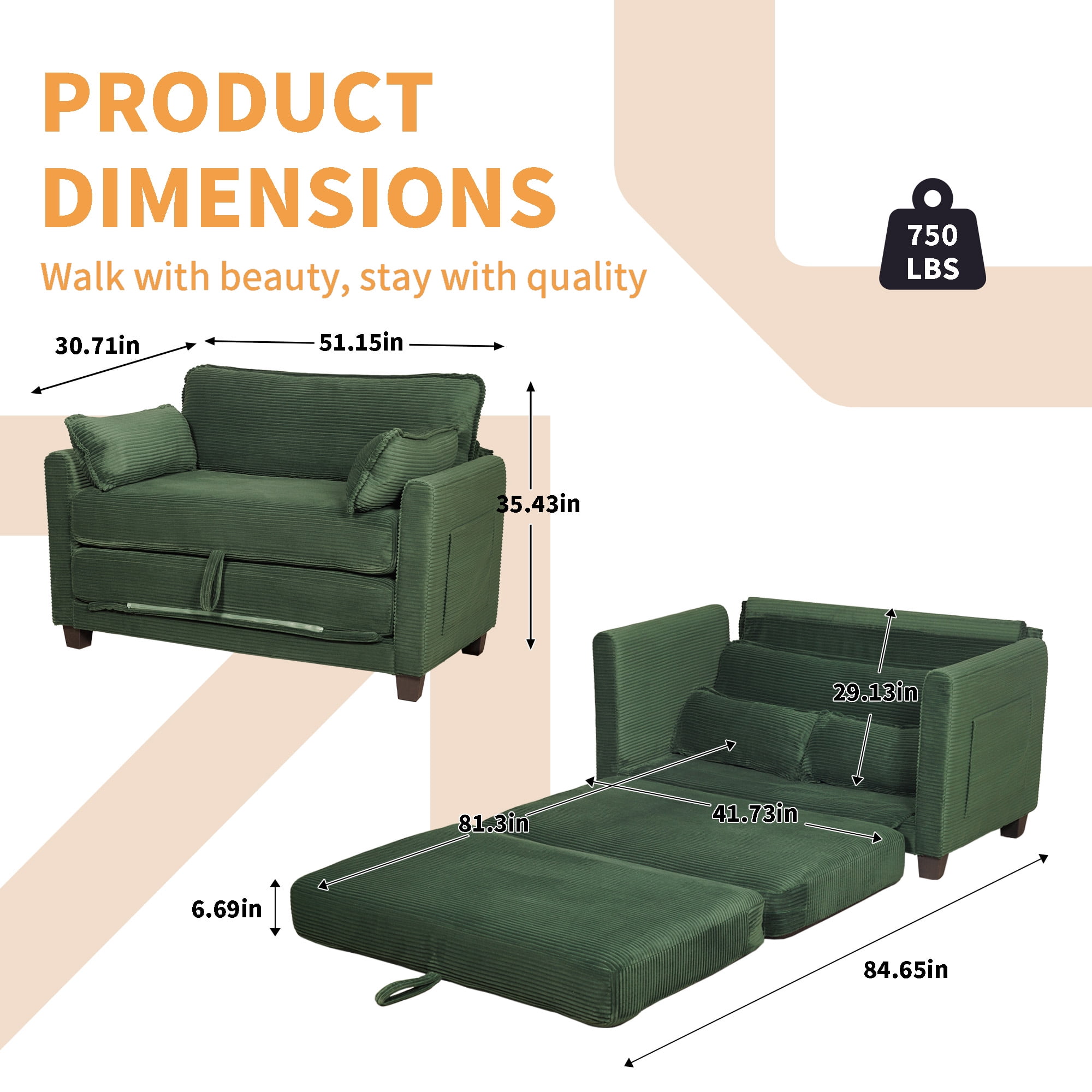 Convertible Sofa Bed, Loveseat Sleeper, 2-in-1 Sofa with Skin-Friendly Corduroy Fabric, Zero-Threshold Form Switch and Side Storage Pocket, for Small Space Living Room, Dark Green