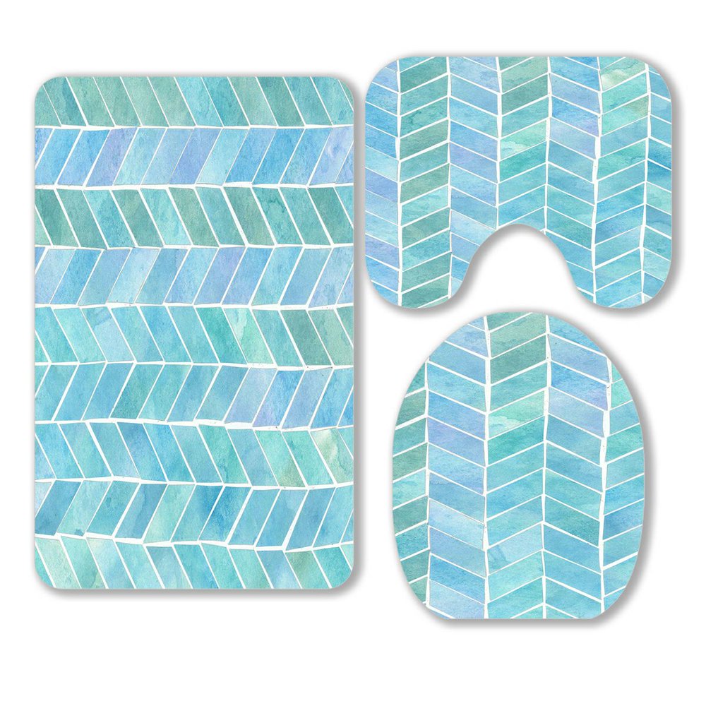 ABPHQTO Herringbone Teal 3 Piece Bathroom Rugs Set Bath Rug Contour Mat
