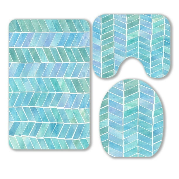 ABPHQTO Herringbone Teal 3 Piece Bathroom Rugs Set Bath Rug Contour Mat