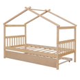 thumbnail image 5 of Twin Size House Bed with Twin Size Trundle, Wooden 2-in-1 Bed Frame with Roof and Headboard, Modern Versatile Daybed with Slats Support for Kids Bedroom, Natural, 5 of 8