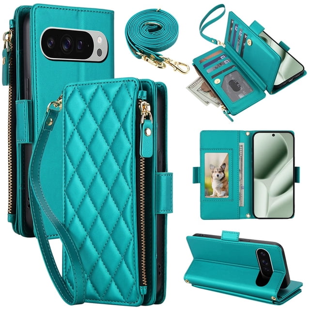 For Google Pixel 9 / 9 Pro 5G RFID Blocking Wallet Case, Crossbody Purse Phone Case with 9 Card Slots, Zipper Pocket & Detachable Strap,Green,For Pixel 9 / 9 Pro