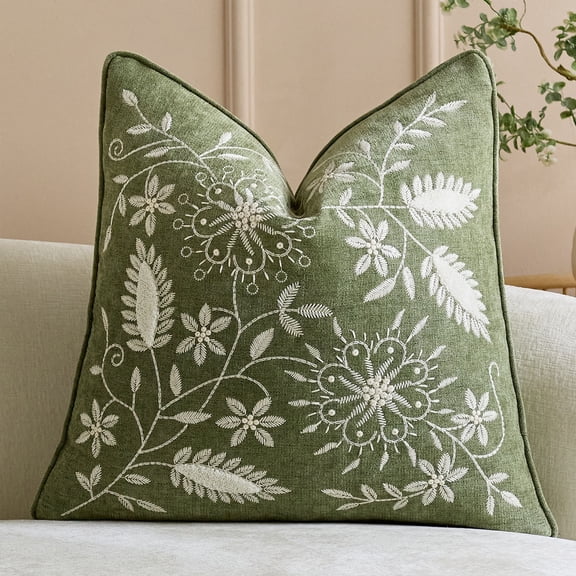 Gallickan 17.7x17.7in Embroidered Floral Pillow Cover Cushion Case, Machine Washable Decorative Throw Pillow Sham for Sofa Couch Bedroom, Green, 1pc