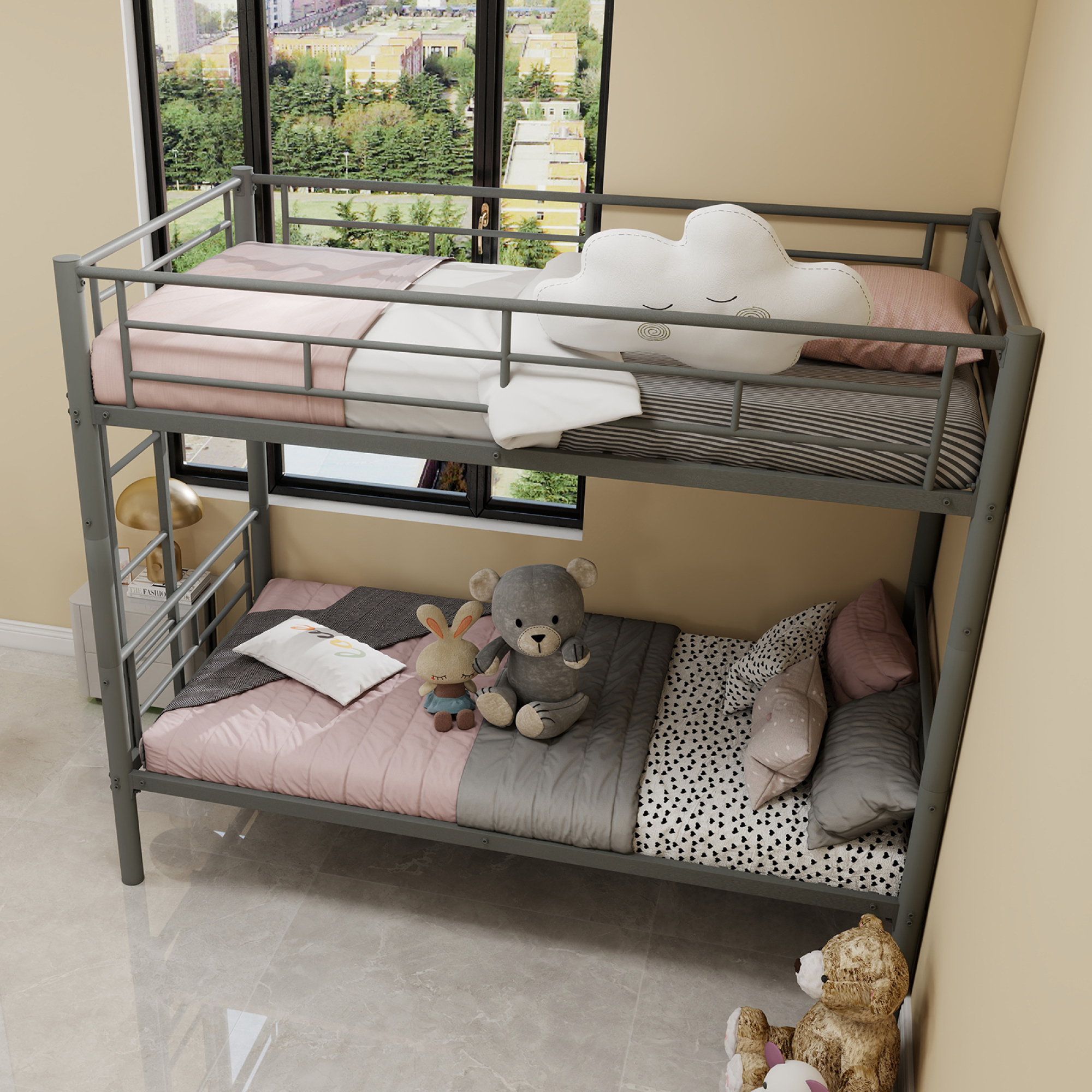 Leumius Twin Over Twin Bunk Bed for Kids Boys Girls, Metal Bunk Bed with Ladders & Guardrail,Convertible 2 Beds,Silver