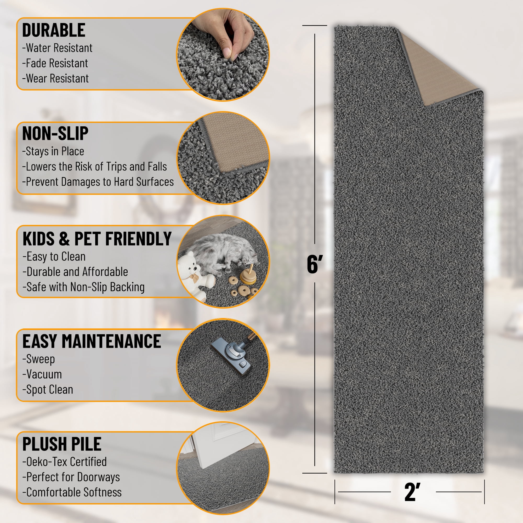 Sweet Home Stores Luxury Non-Slip Rubberback Solid 2x6 Soft Indoor Runner Rug, 2' x 6', Gray