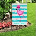 thumbnail image 3 of Flamingo Welcome Summer Funny Garden Flag House Banner 28" x 40" Double Sided, Tropical Bird Flower Pink Flamingo Blue Stripe Garden Flags for Anniversary Yard Outdoor Decoration, 3 of 5
