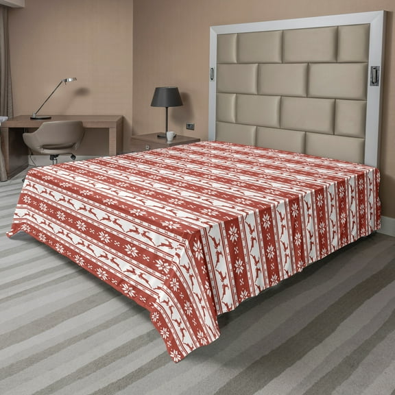 Ambesonne Christmas Flat Sheet, Winter Deer Snowflake, California King, Ruby White