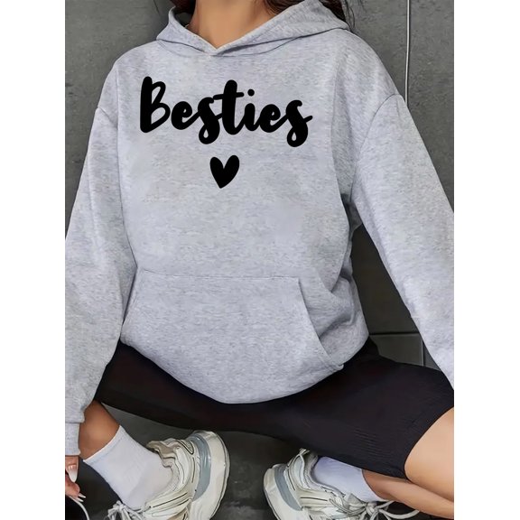 Women's Besties Heart & Letter Print Fleece-Lined Hoodie with Kangaroo Pocket - Cozy Casual Pullover Sweatshirt for All Seasons, Machine Washable, Cute Hoodie, Everyday Comfort Wear