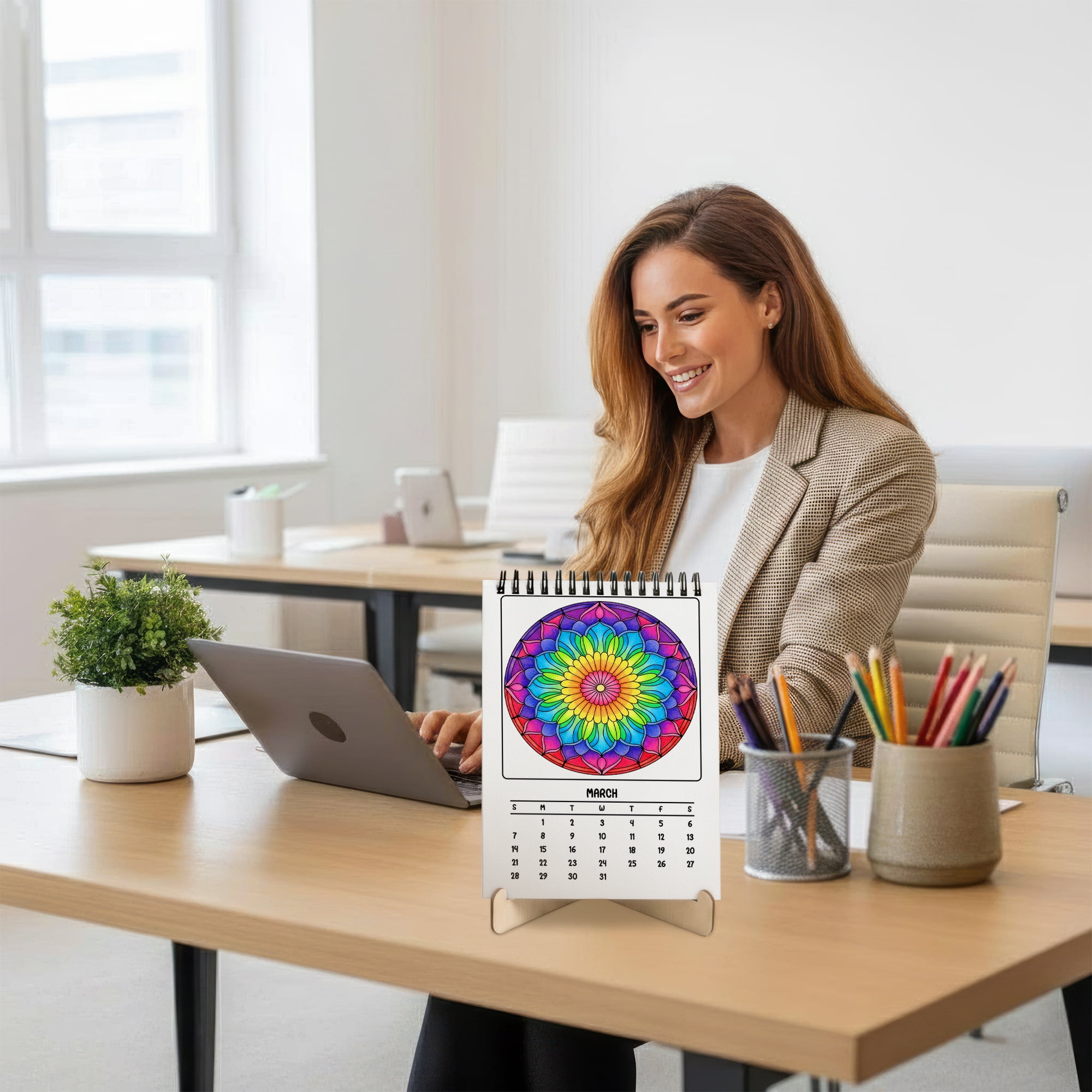 Stained Glass Flowers Coloring Desk Calendar 2026–2027, A5 Wooden Cover Planner with 26 Easy Coloring Pages for Adult Relaxation, 24 Month Desktop Calendar with Stand, Gift for Family & Friends