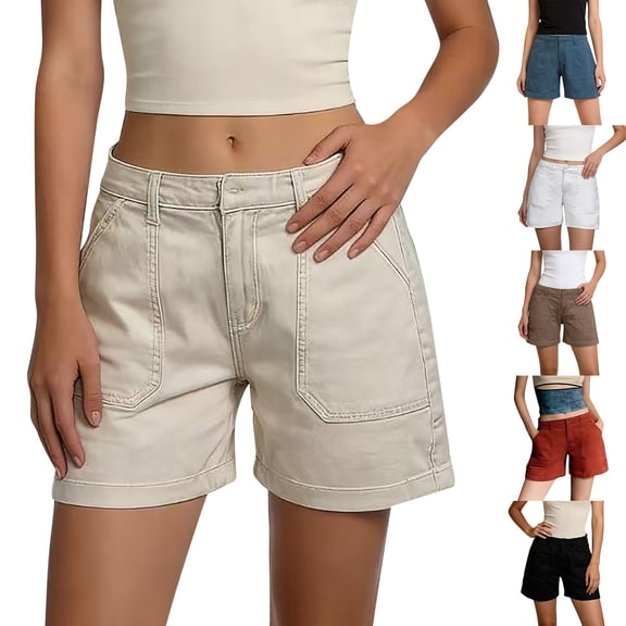 Women's High Waisted Denim Shorts with Patch Pockets Casual