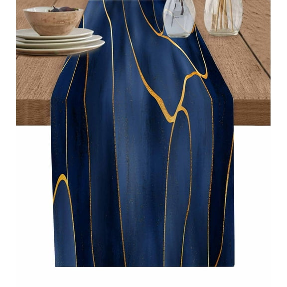 Navy Blue Gold Table Runner-Cotton Linen- 90 Inch Holiday Dresser Scarves, Boho Marble Abstract Geometric Striped Tablerunner for Kitchen Coffee/Dining Bedroom Living Room Dinner Scarf Décor 13x90