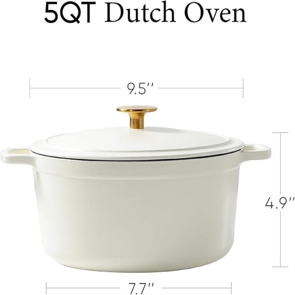 Cast Iron Dutch Oven Pot with Lid, Enameled Dutch Oven for Sourdough Bread Baking, Dual Handles, Heavy-Duty Cast Iron Pot, 5QT, White