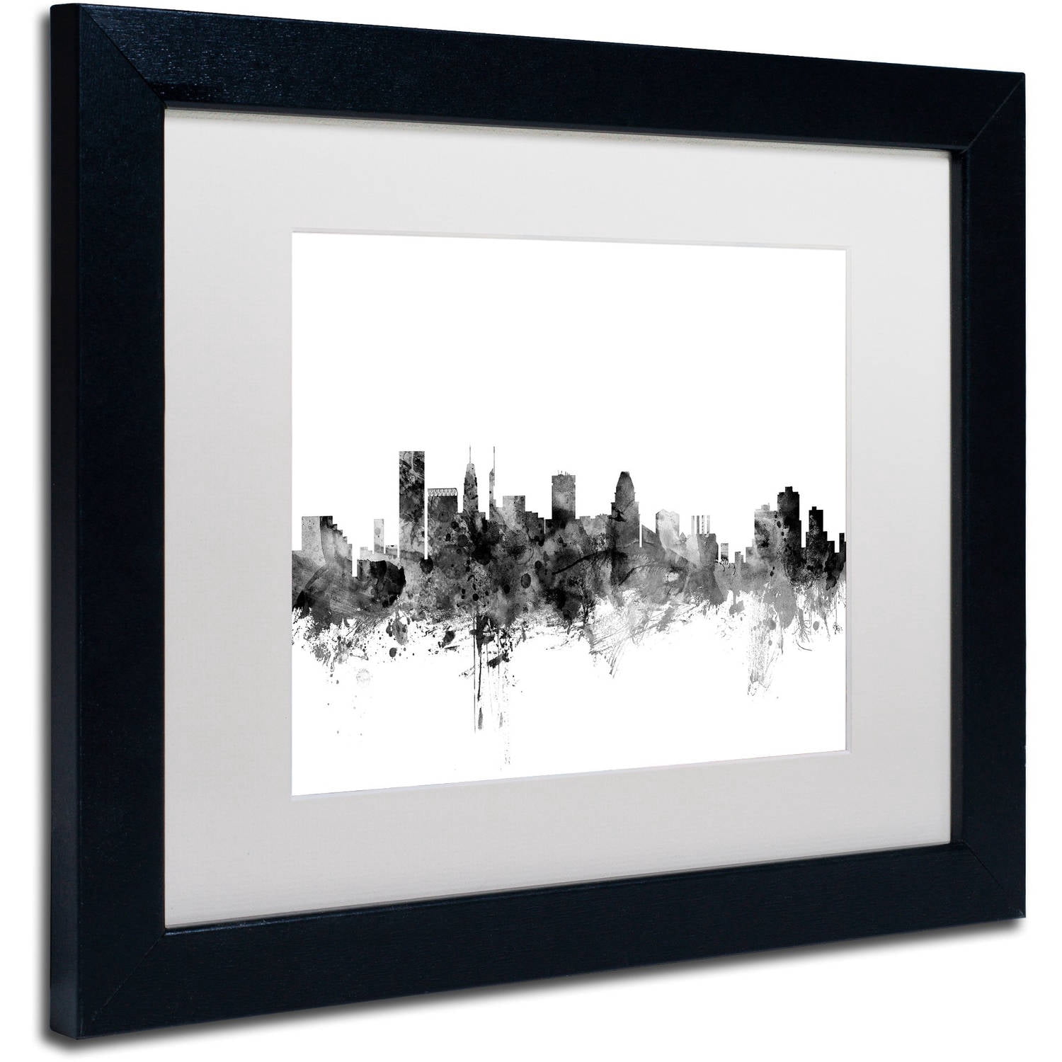 Trademark Fine Art "Baltimore Maryland Skyline B&W" Canvas Art by Michael Tompsett, White Matte, Black Frame