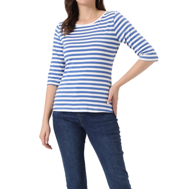 INSPIRE CHIC Hauts pour Femmes Non Doublés Col Rond Manches au Coude Coupe Ajustée T-Shirt Décontracté S Bleu Blanc