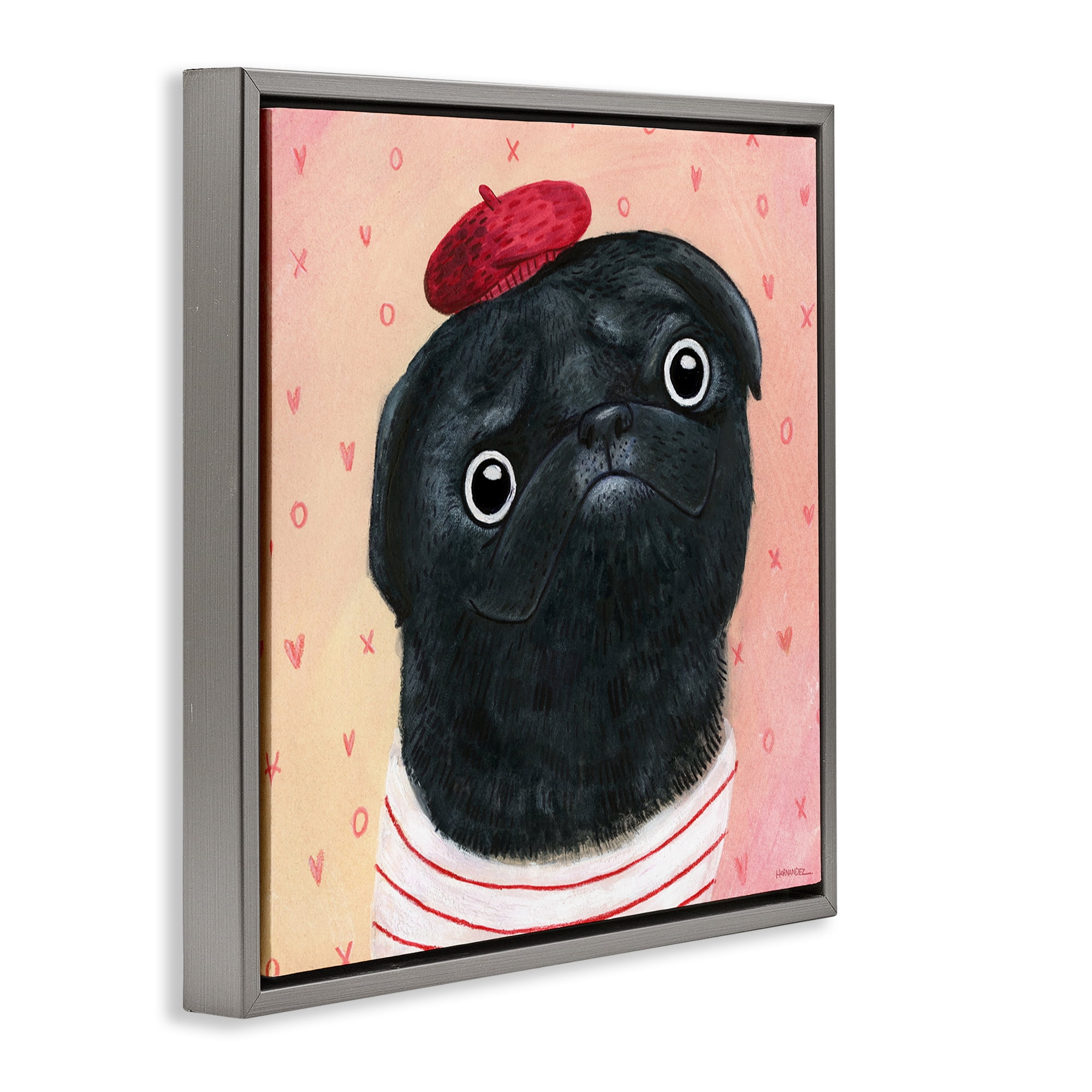 Stupell Industries Happy Pug In Paris Animals Painting Gray Floater Framed Canvas Art Print Wall Art, 25 x 25