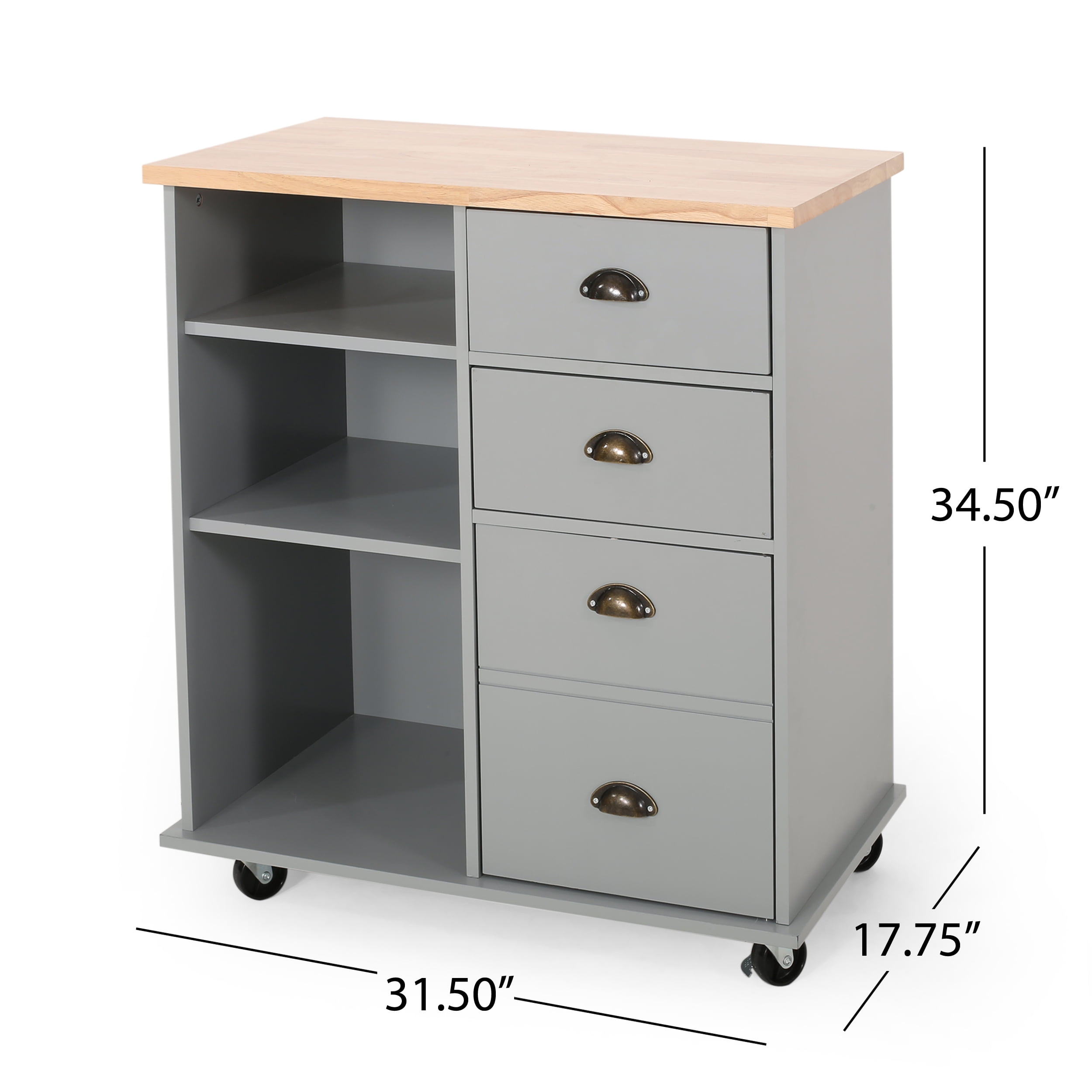 Noble House Ratzy Rubberwood Kitchen Cart with Locking Wheels, Gray