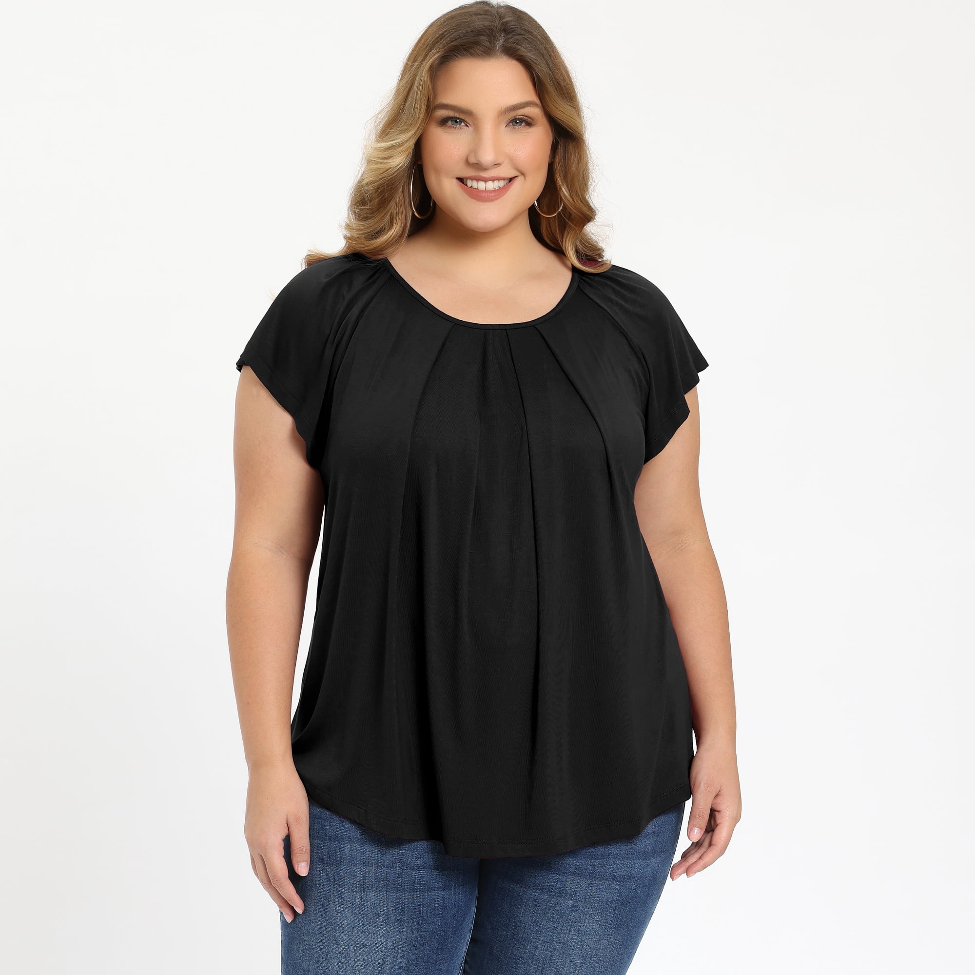 DARING DIVA Women's Plus Soft Blouse Pleated Ruffle Sleeve Round Neck Loose Tops 2X Black