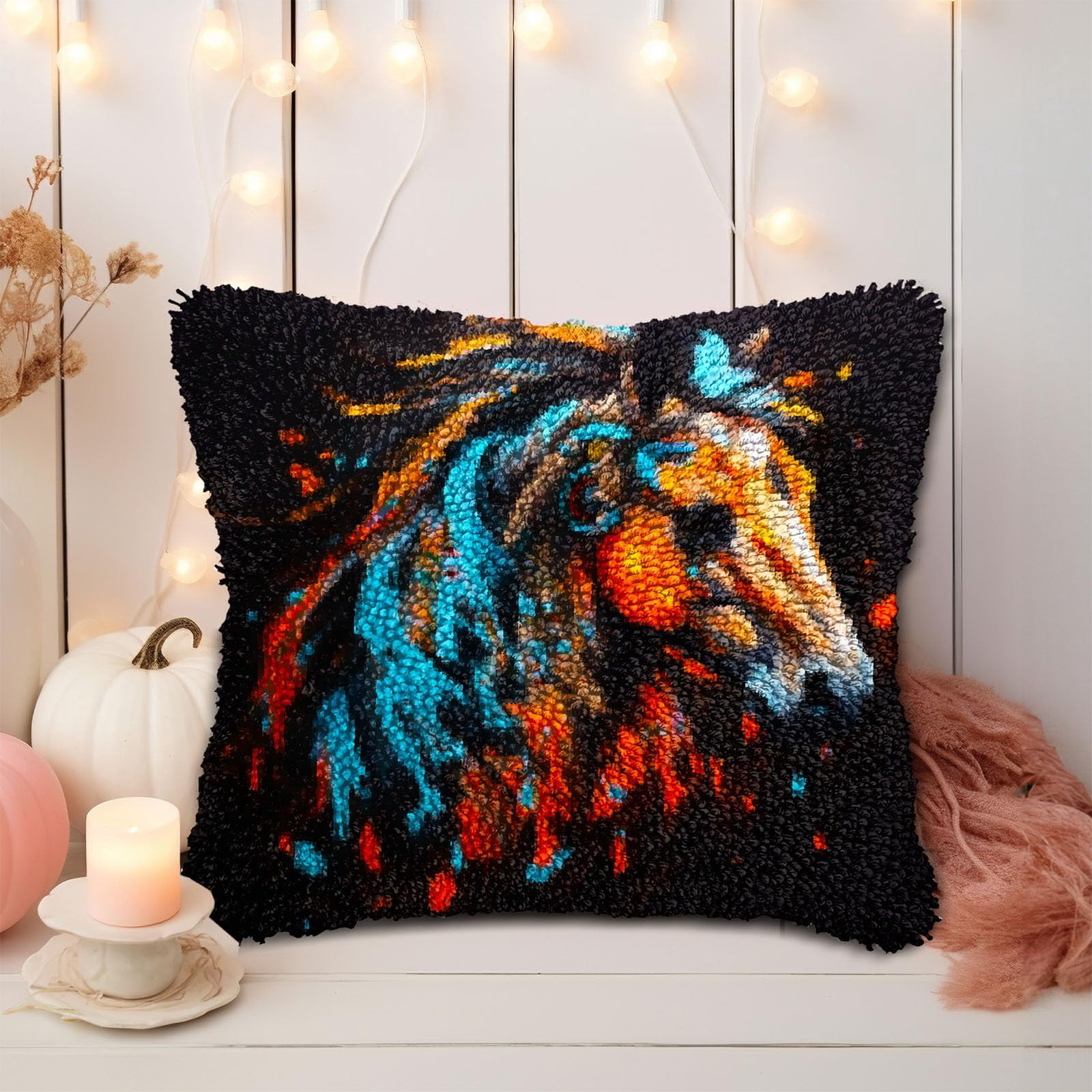 Colorful Indian War Horse DIY Latch Hook Pillow Kits for Adults Printed Pillowcase Crochet Yarns Hooking Handmade Pillow Cover Cushion for Home Sofa Decoration 17x17inch(1)