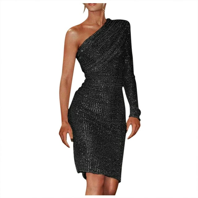 Prolriy Robe à Sequins pour Femmes Longue Robe Épaule une Paillette Épaule Froncée Mode Femmes Paillette Froide Robe Unie Robes de Vacances pour Femmes 2025 Robe de Réveillon Noire m