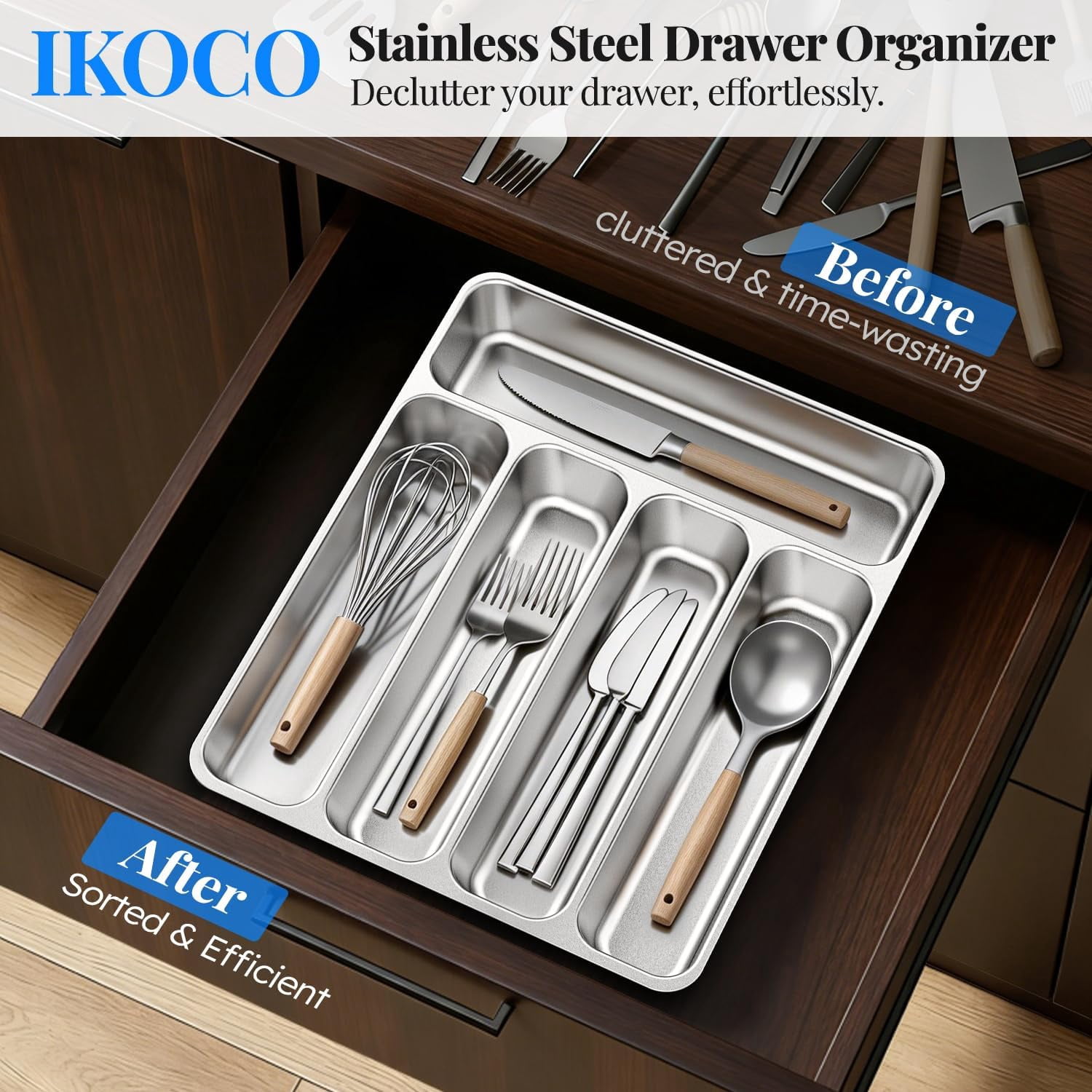 Stainless Steel Utensil Drawer Organizer with 5 Compartments for Kitchen, Dishwasher Safe, Holds Spoons Forks Knives (13.8" x 11.4" x 1.6", Silver)