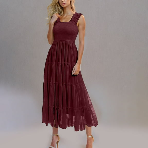 Spring Savings Clearance!Viikei Womens Dresses Plus Size formal,Women's Solid Short Sleeve Pleated Dresses Long Dress Midi Maxi Dresses Elastic Waist Boho Beach Dress Pockets Wine S
