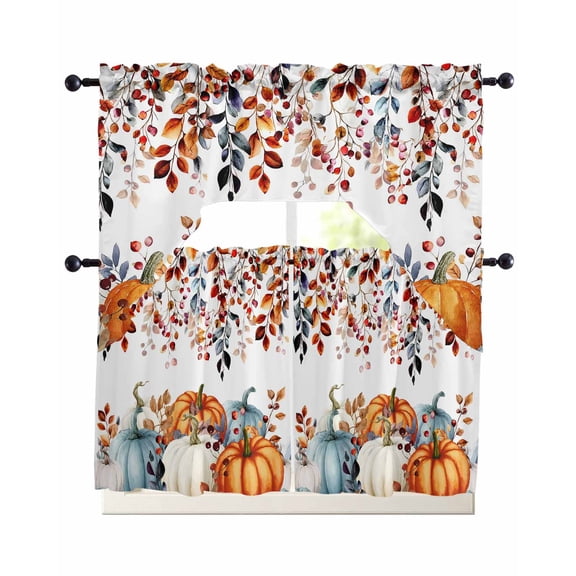 Pumpkins Fall Swag Kitchen Curtains Sets for Windows 24 Inch Length, Thanksgiving Eucalyptus Leaves Farmhouse Short Window Curtain Panels Swags Valances and Tiers 3 Piece Set for Cafe/Dining Room