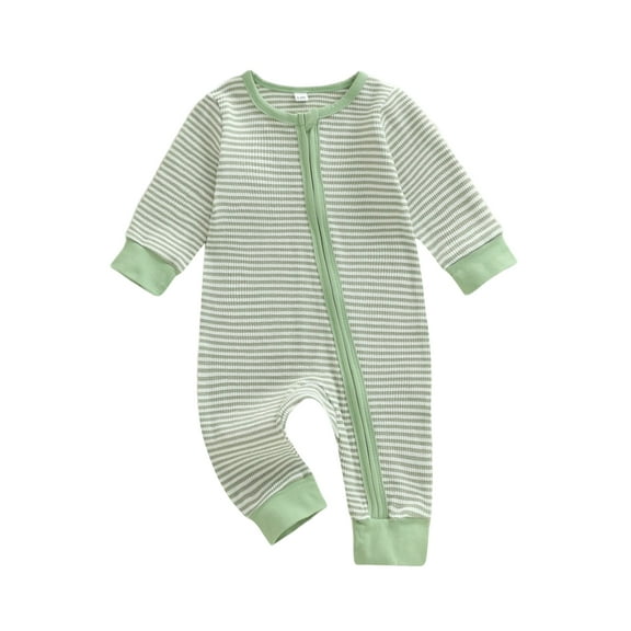 BemeyourBBs Newborn Baby Boy Spring Fall Winter Clothes Waffle Knit Romper Outfit Zip Up Stripe Long Sleeve Round Neck Full Length Infant Jumpsuit
