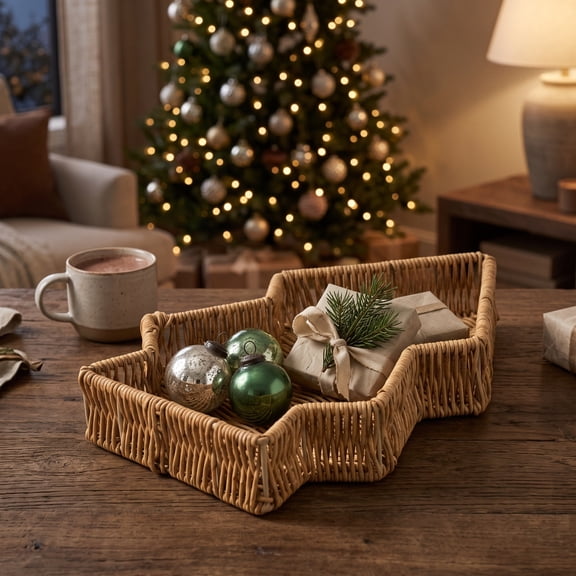 Kumdkdwn Christmas Tree Shaped Woven Storage Tray 11.8x7.9in Faux Rattan Decorative Basket Khaki Plastic Serving Tray for Holiday Snacks & Tabletop Decor