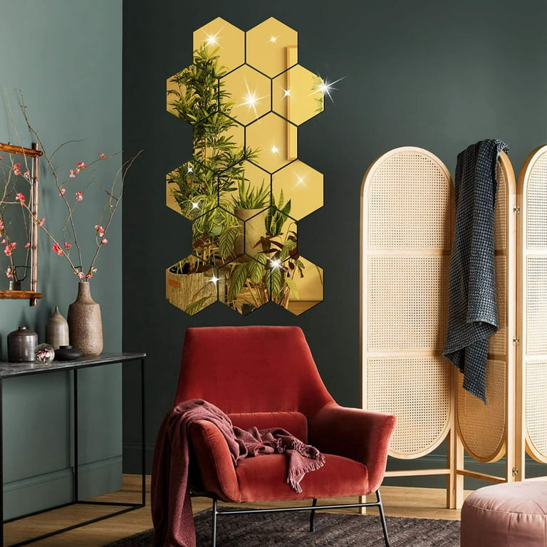 12pcs Acrylic Mirror Wall Stickers Self Adhesive Removable Hexagonal Decorative Mirror Sheet for Home Living Room Bedroom Decor, Size: Medium, Gold