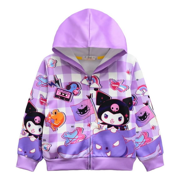 Kuromi Purple Hoodie for Girls - Anime Zip-Up Hooded Jacket - Long Sleeve Cute Cartoon Sweatshirt for Kids Birthday Gift