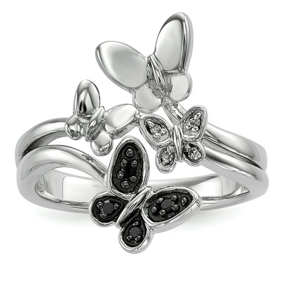 White Night Sterling Silver Rhodium-plated White and Black Diamond Butterfly Ring Q-QR5426-7