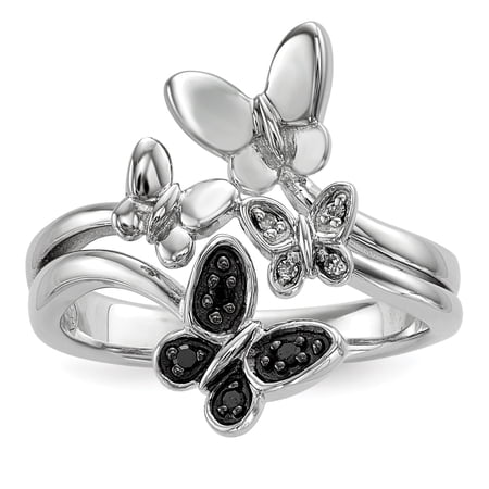 925 Sterling Silver Polished Prong set White and Black Diamond Butterfly Angel Wings Ring Size 7 3mm Wide Ring for Women