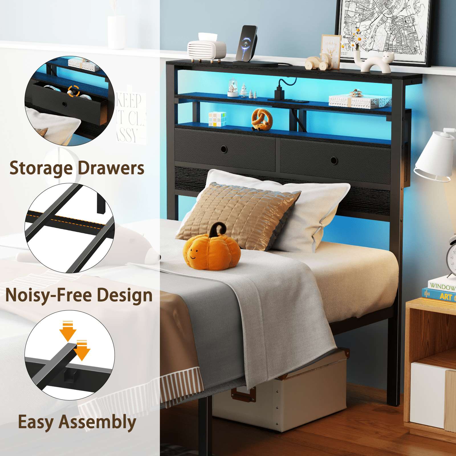 Satifur Twin Size Bed Frame with 2 Storage Drawers Headboard, LED & Charging Station, Black Oak
