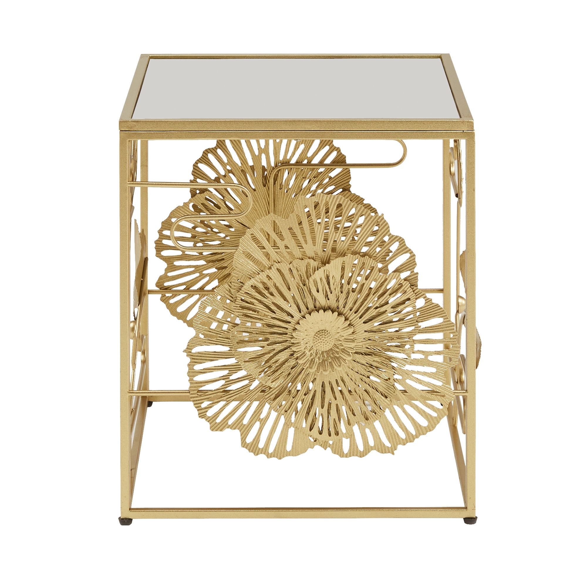 Weston Home Ditmas Gold Finish Peony and Ginkgo End Table with Mirror Top