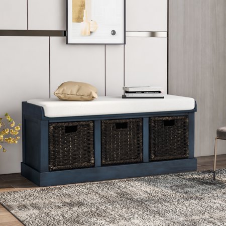 Rustic Storage Bench With 3 Removable Classic Rattan Basket, Entryway Bench With Removable Cushion (Antique Navy)