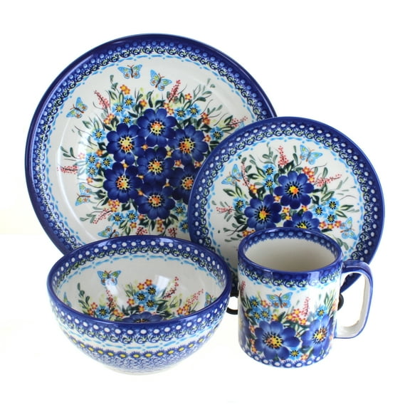 Blue Rose Polish Pottery Garden of Blue 4 PC Place Setting - Service for 1
