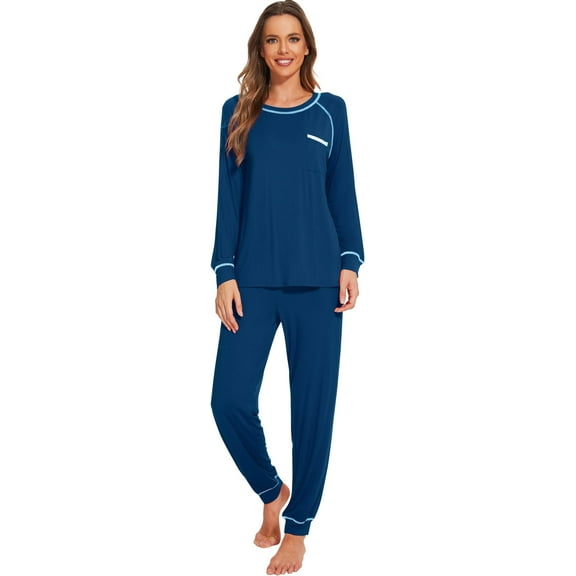 WiWi Bamboo Viscose Womens Pajamas Set Comfy Sleepwear 2 Piece Long SleeveTop with Jogger Pants Lounge Sets S-XXL Ink Blue, Large
