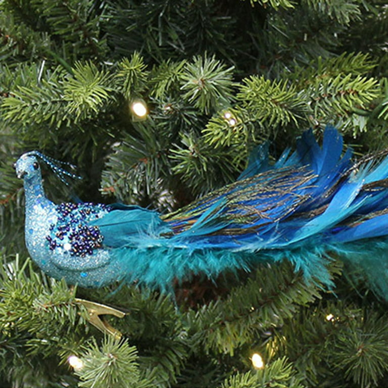 2 Pieces Artificial Peacock Christmas Decorations, Blue Peacock Decor for  Christmas Ornaments Fake Long Tail Feathered Peacock for Crafts with Clip