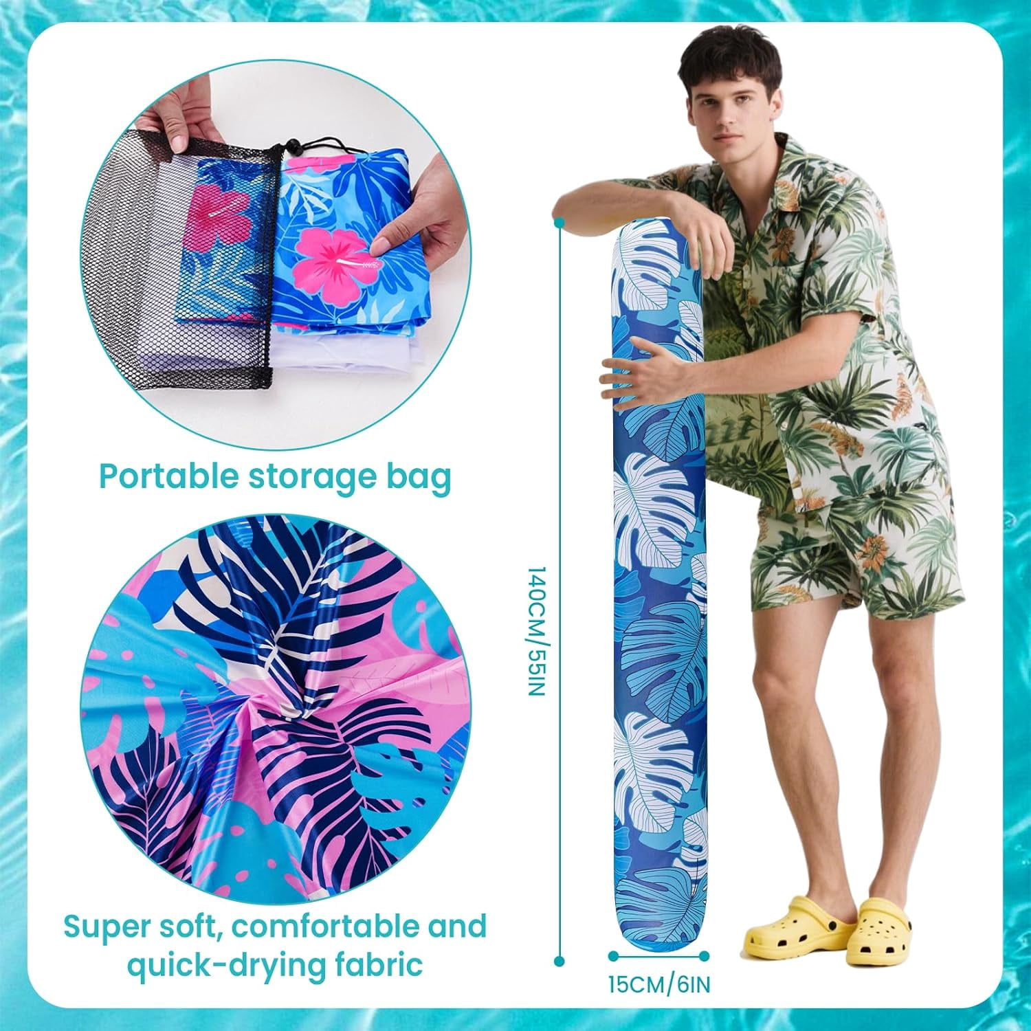 Inflatable Swimming Pool Noodle, 2 Pack Soft Fabric Quick Drying Covered Large Pool Floats Noodles, Premium Buoyancy Swim PoolFloats with Portable Storage Bag for Pool Party Toy