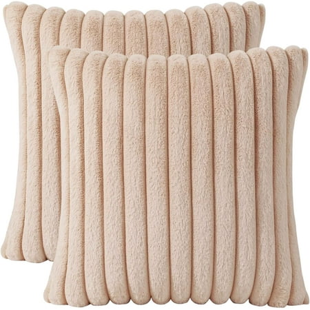 

AmHoo Pack of 2 Decorative Throw Pillow Covers Faux Rabbit Fur Cozy Velvet Super Soft Fuzzy Striped Set Case Cushion for Couch Sofa Bedroom 16x16-Inch Camel
