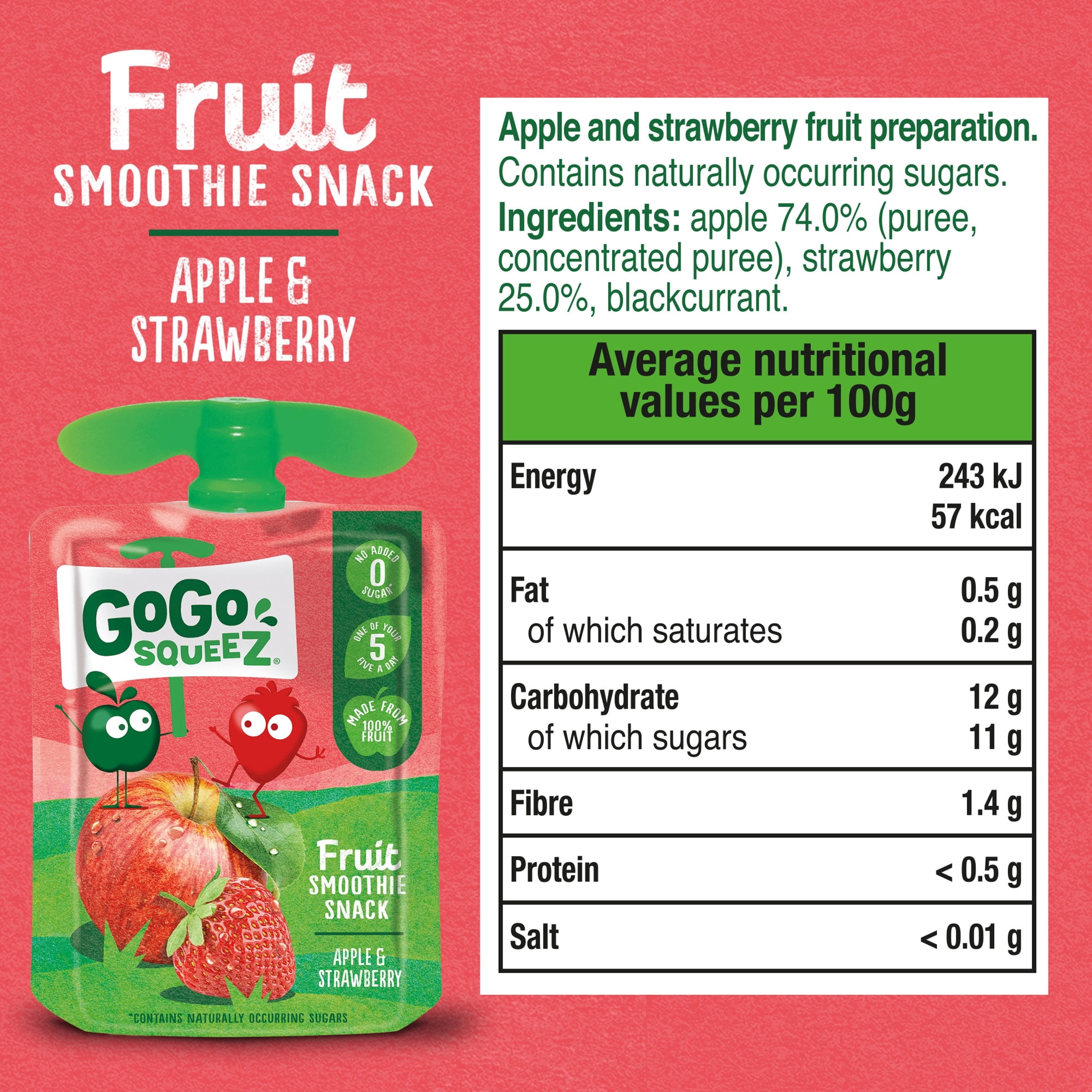 Gogo Squeez Fruit Snack Apple Strawberry 4X90g, Imported from Britain
