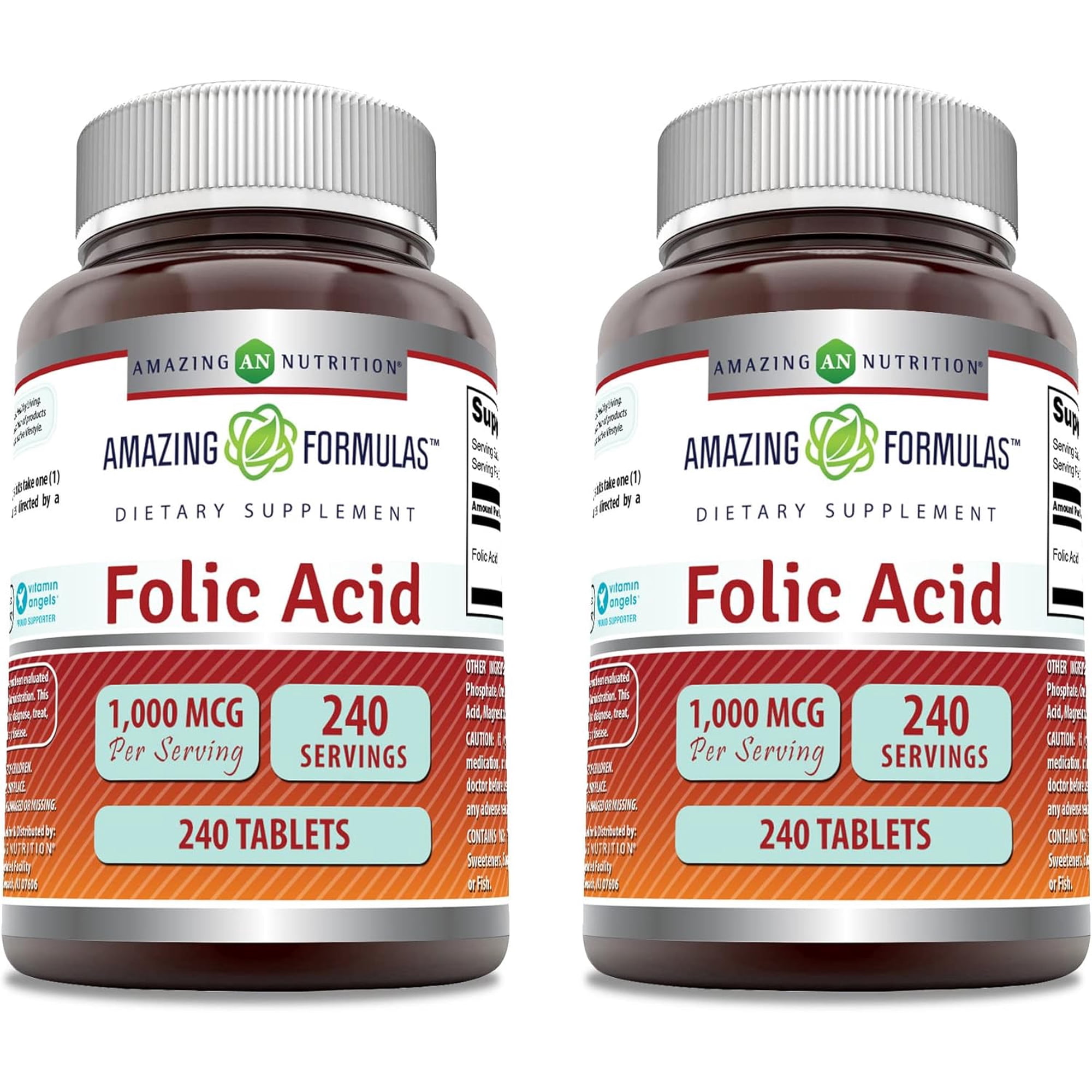 Amazing Formulas Folic Acid 1000 mcg Per Serving (1 mg) 240 Tablets Supplement | Vitamin B9 | Non-GMO | Gluten Free | Pack of 2