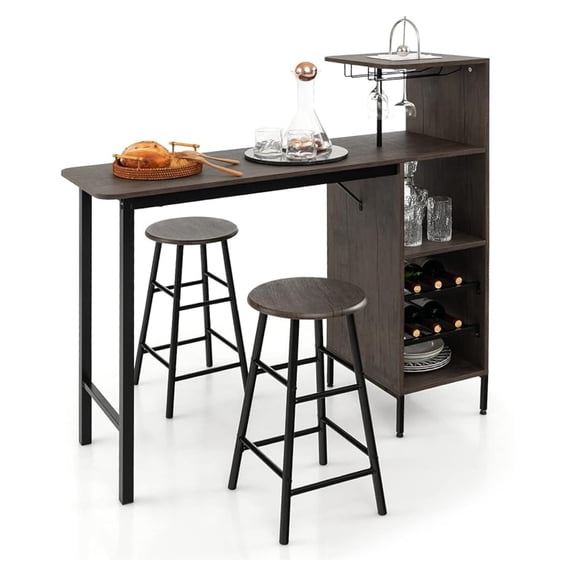Bar Table and Chairs Set for 2, Counter Height Dining Table Set with Shelves, Cup Holder & Wine Rack, Breakfast Table & Chair Set, 3-Piece Pub Table Set for Kitchen, Dining Room
