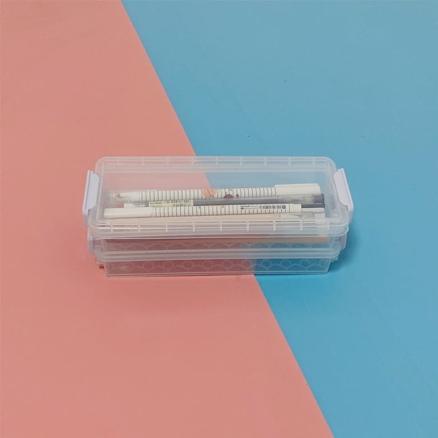 Estuche de almacenamiento de escritorio transparente de doble capa, resistente a caídas y al polvo, estuche de lápices portátil con estampado, caja de papelería para estudiantes