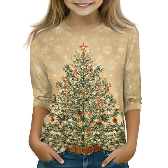 LTTVQM Christmas Tops for Toddler Girls Christmas Tree Print Cute Crew Neck Xmas T Shirts Casual 3/4 Sleeve Holidays Shirts Trendy Christmas Outfit Khaki 9-10 Years