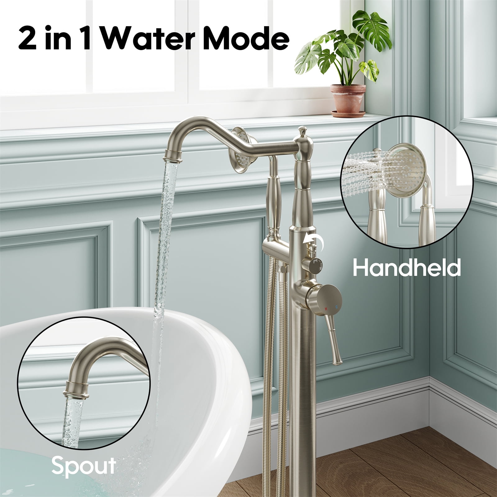 ANGELES HOME Freestanding Tub Faucet with Handheld Shower, Floor Mount Bathtub Filler, Roman Bathtub Faucet with Swivel Spout Brass Rough-in and Water Hose, Brushed Nickel