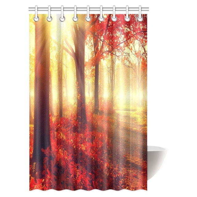 Cortina de Ducha ABPHQTO Bosque Otoño 120x180 cm Hermosos Árboles y Hojas Brumoso en Rayos de Sol