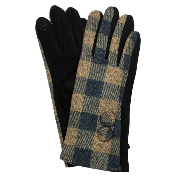 Womens Brown & Blue Button Plaid Stretch Fit Texting & Tech Touchscreen Gloves
